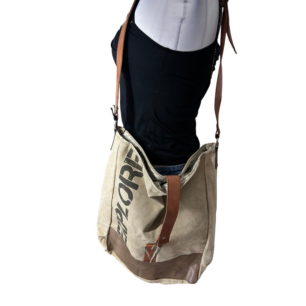 NWT Mona B Tote Bag Tan Explore Recycled Canvas Leather Trim Recycled Rustic Bag